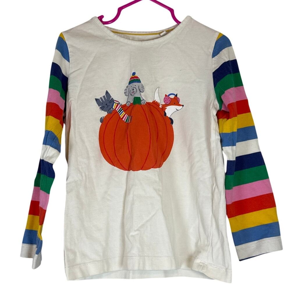 Mini Boden Pumpkin Fall Tee Girls 5-6 Years 100% Cotton Rainbow Stripes Kids